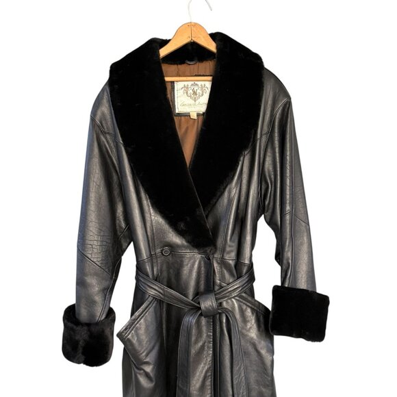 Vintage Laura Winston Size 16 Black Leather Trench Coat Faux Fur Trim EUC 90's - Picture 3 of 16